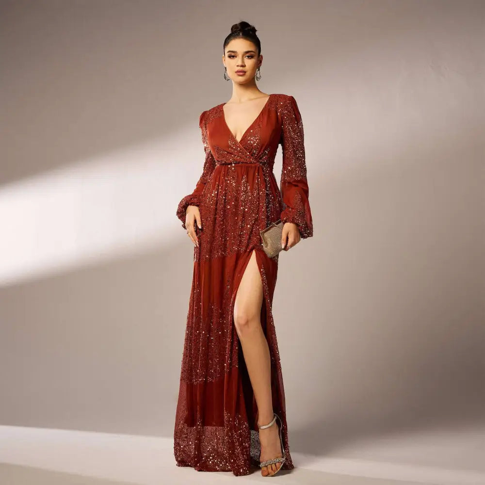 Rust Bell Sleeve Sexy Long Sequined Evening Dress