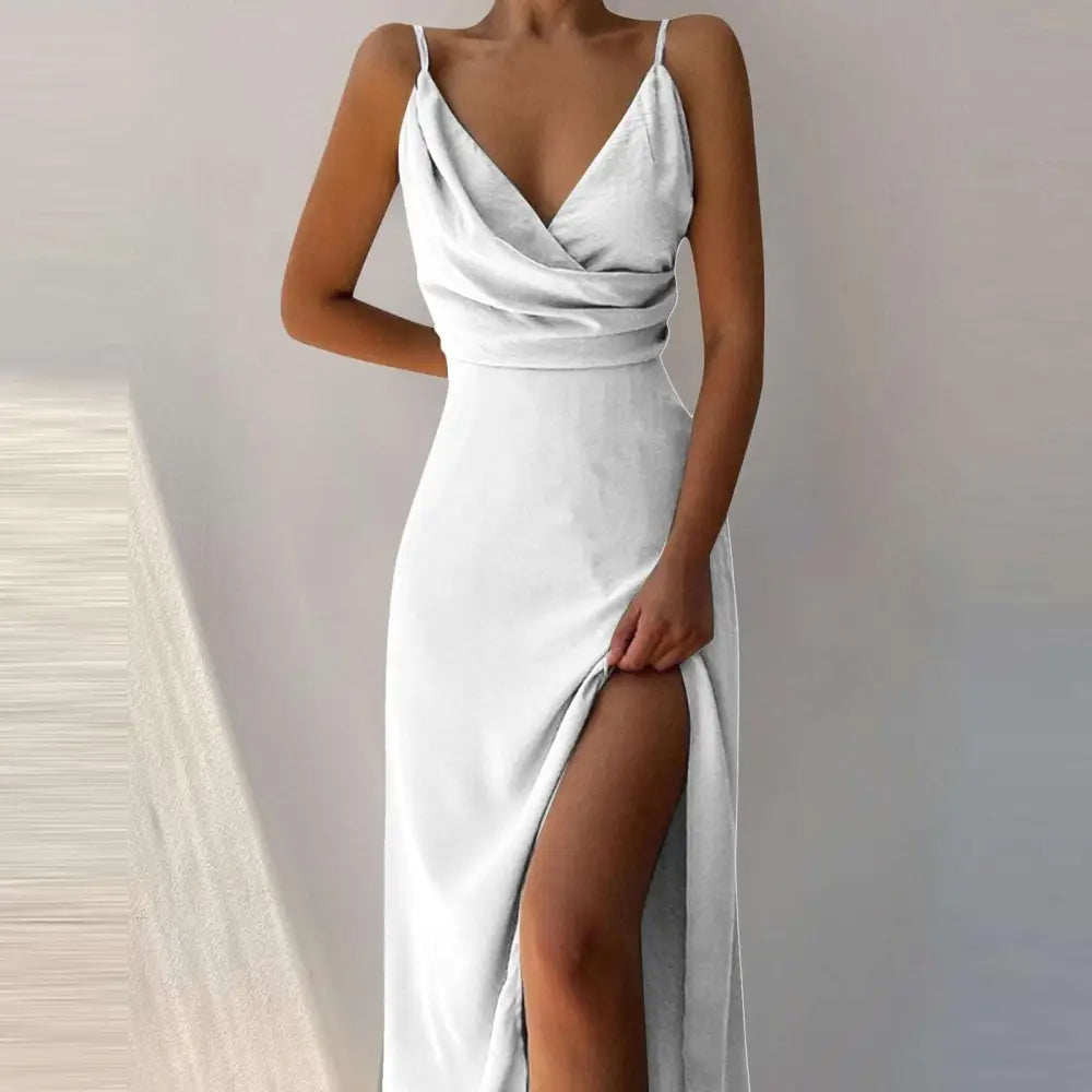 Sage Green Satin Slit Sling Dress Summer Fashion
