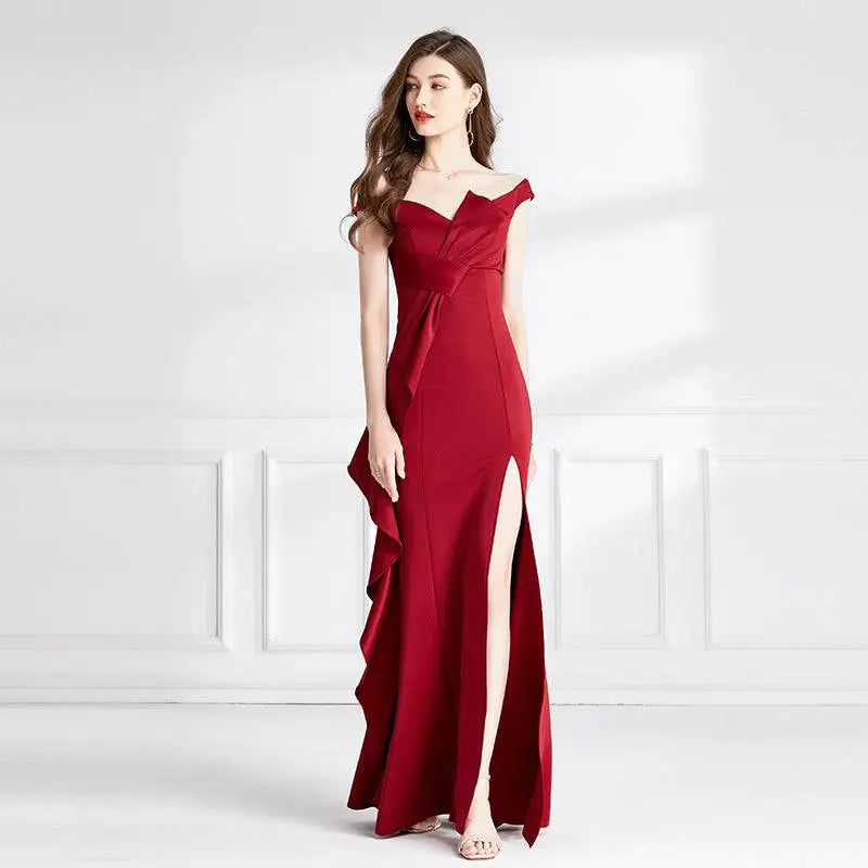 Satin Red Evening Dress with High Slit