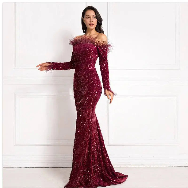 Sequin Burgundy Feather Fishtail Party Formal Dress