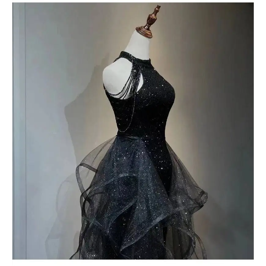 Sequined Halter Tulle Black Evening Dress