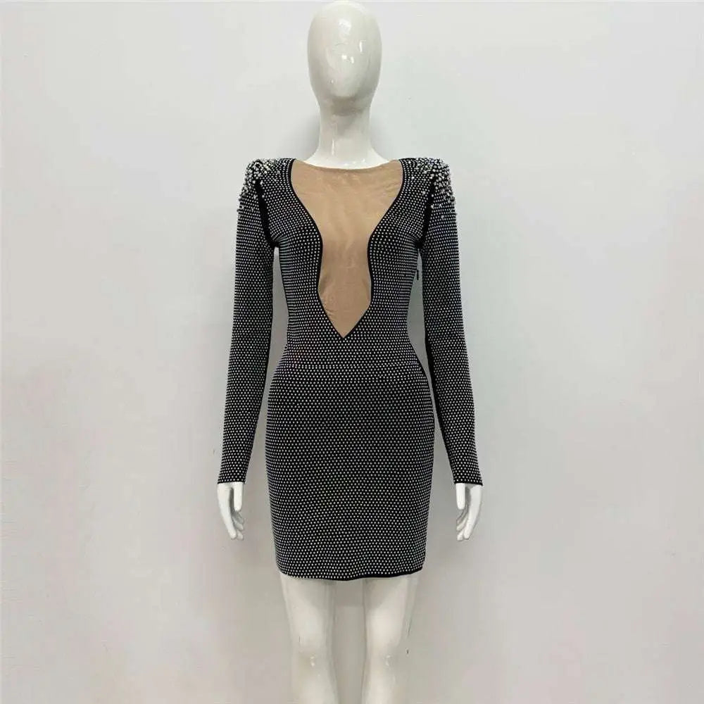Sexy Rhinestone Bandage Long Sleeve Mini Dress