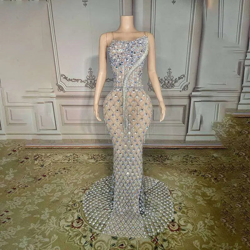 Silver Beaded Sexy Elegant Fishtail Gown