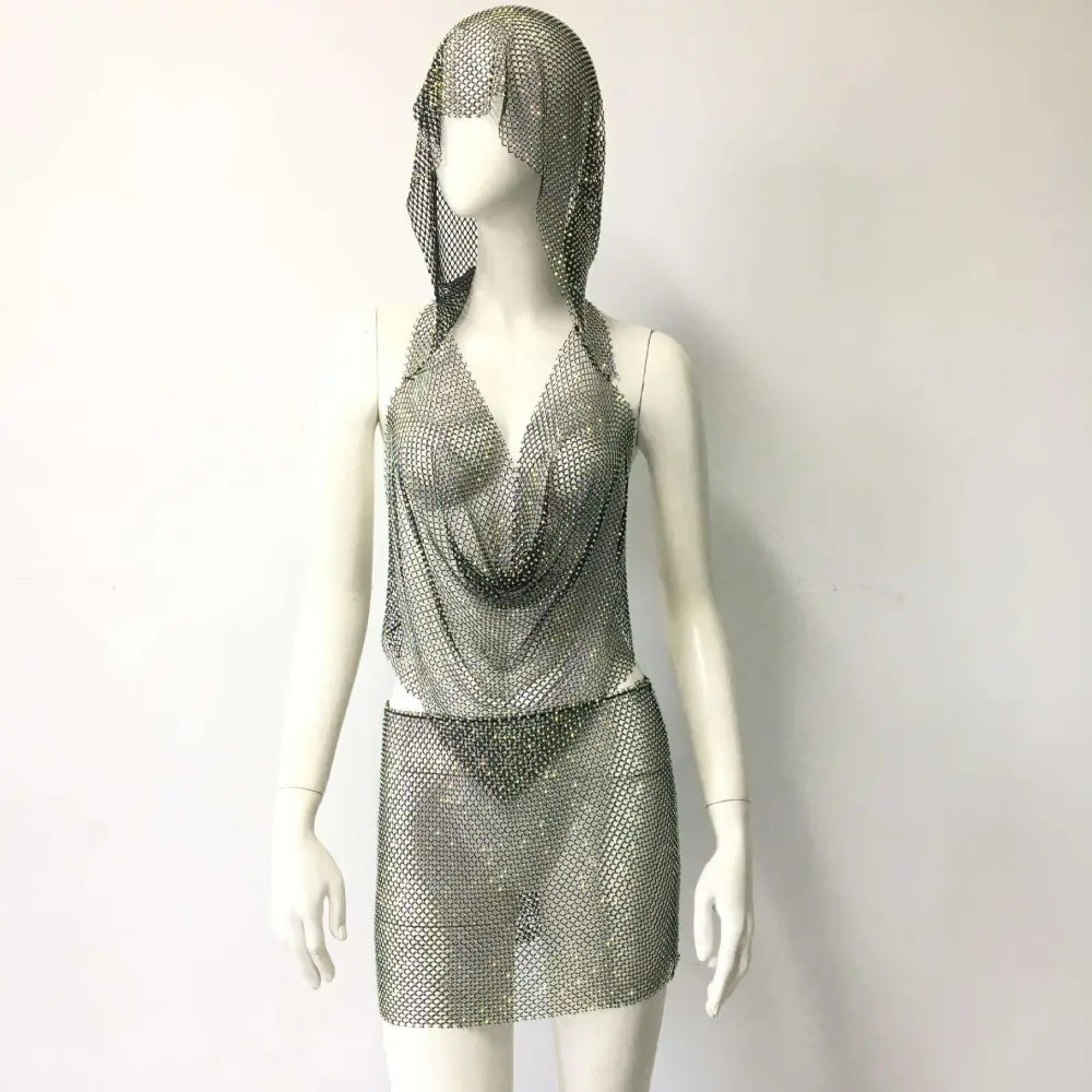 Silver Chainmail Stretch Fishnet Rhinestone Tight Suit