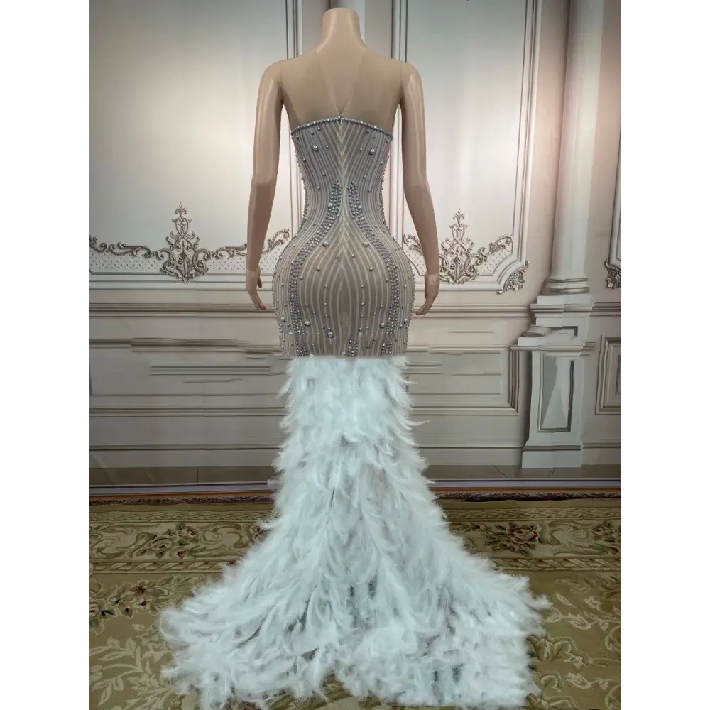 Silver Feathered Hips Nightclub Bar Sleeveless Long Gown