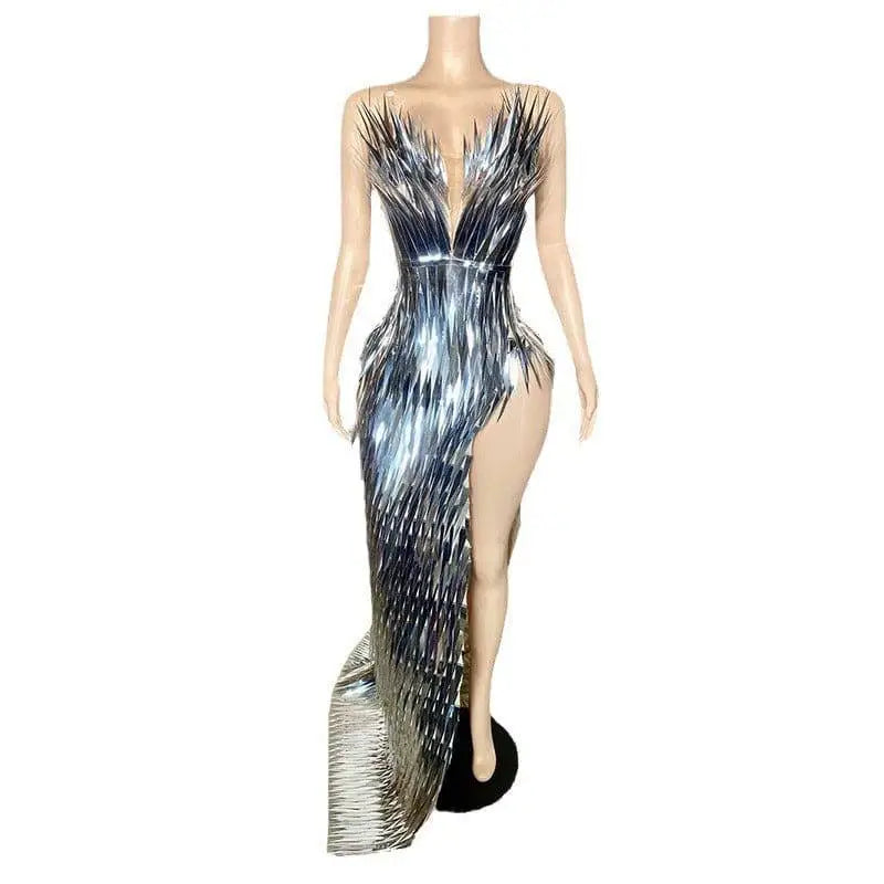 Silver Metallic Sequined Stage Advanced Light Luxury Evening Dress