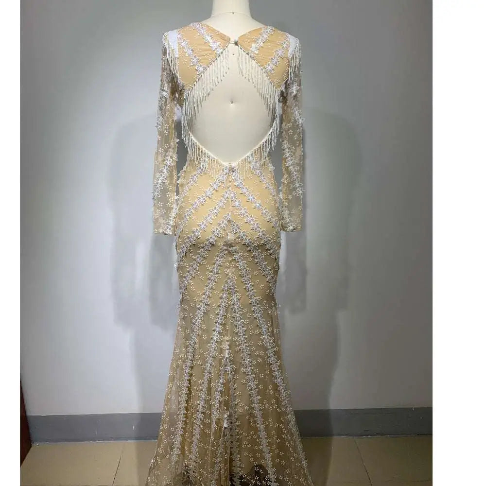 Silver Sequined Backless Tight Fishtail Gown