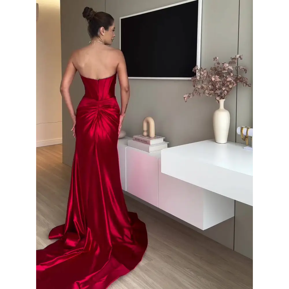 Slit Red Extra Long Satin Strapless Evening Dress