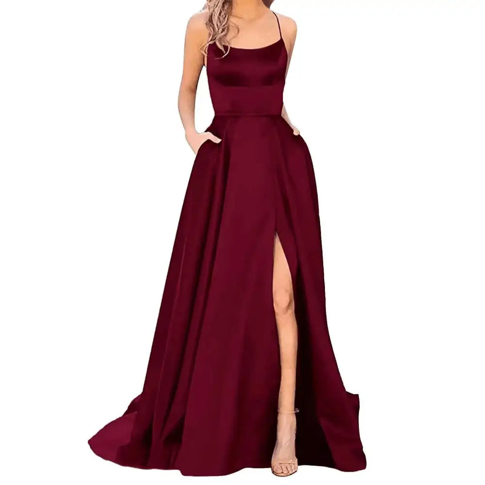 Solid Color Long Slimming Purple Satin Evening Gown