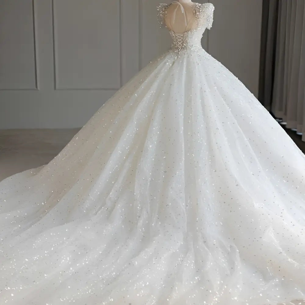 Sparkling Beaded White Wedding Dress with Voluminous Tail