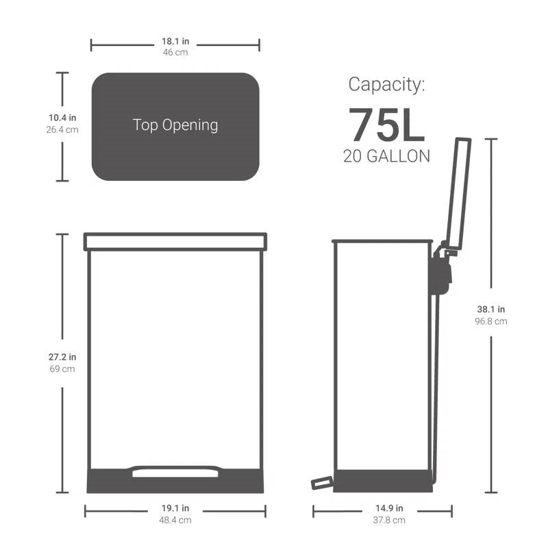 Measurement chart for a 75L container with dimensions and top opening details.