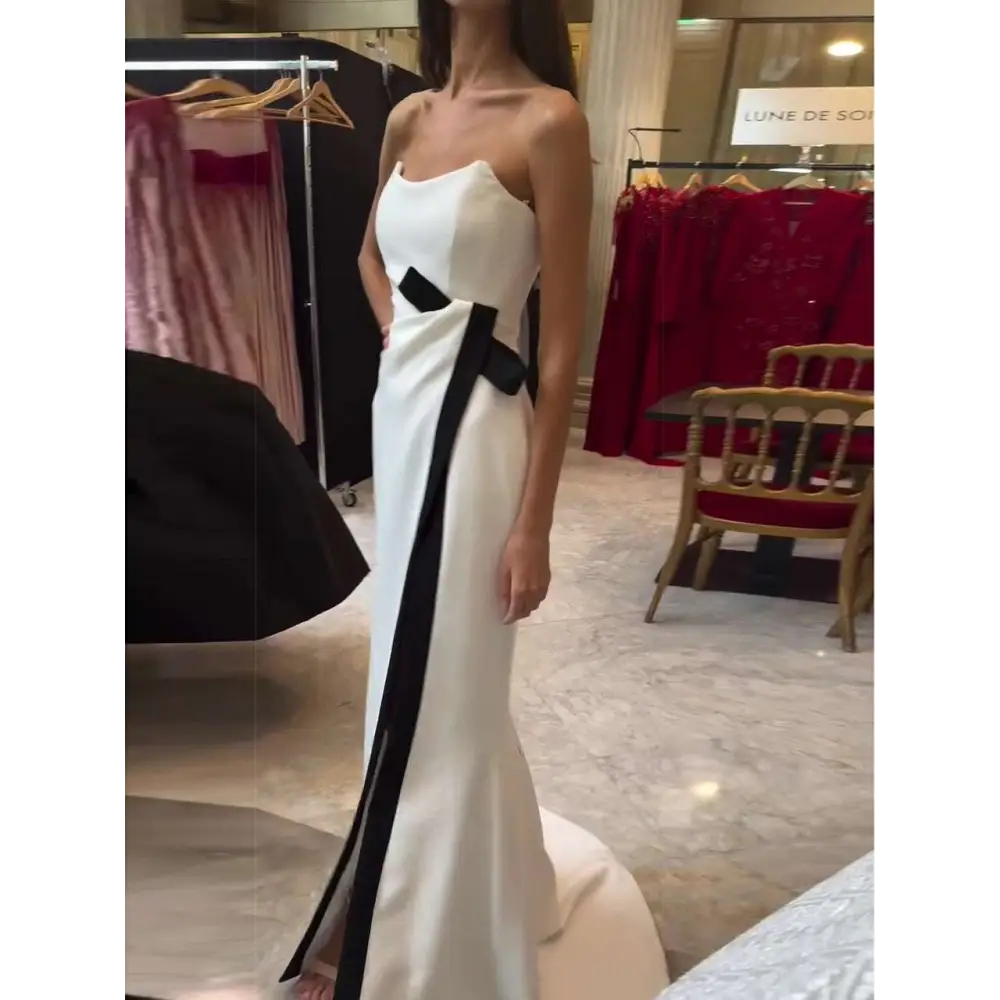 Strapless Black and White Contrasting Slit Dress