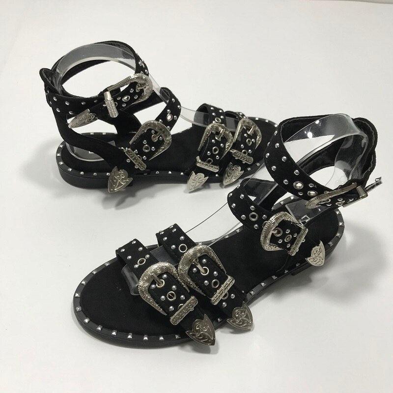 Summer Multiple Buckle Sandals Ankle Wrap Women Sandals Open Toe Metal Back Strap Flat Heels Flat Sandals Open Toe Summer's Sandals For Women Cute Open Toes Ankle Strap Flexible Summer Flat Sandals