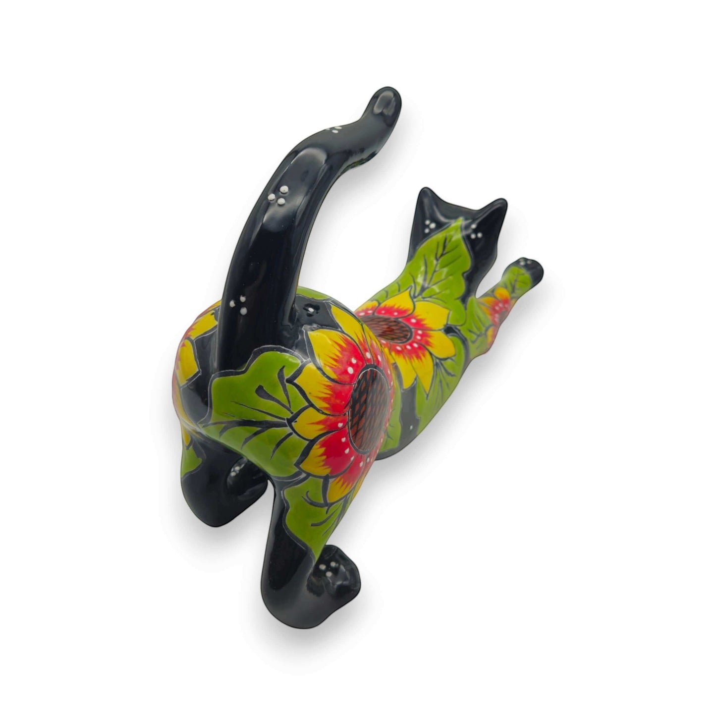 Talavera Stretching Cat Statue | Hand-Painted Sunflower Design