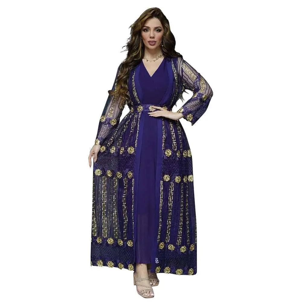 Teal Gold Embroidered Vest Dress Kraft Abaya