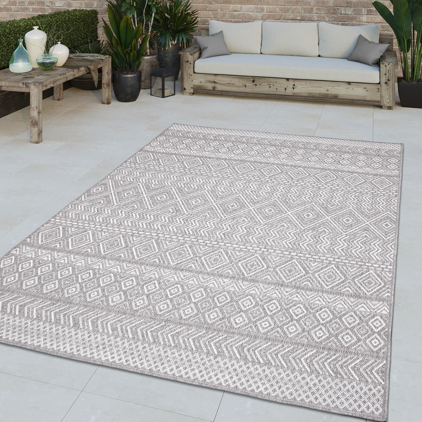 Outdoor Rug Vermont Stain-Resistant with Boho Pattern in Grey-4