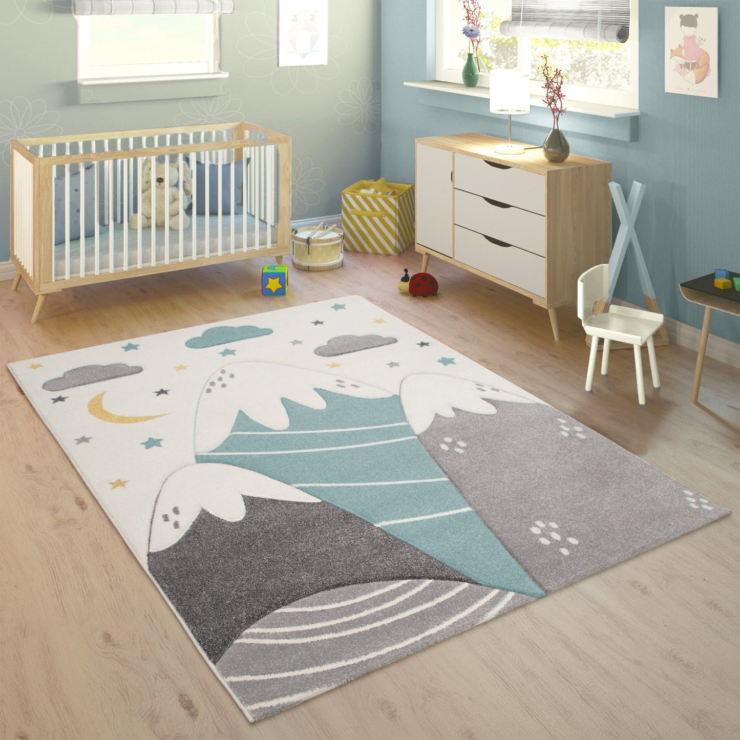 Kids Rug Cosmo for Nursery with Mountains in Pastel Blue White-4