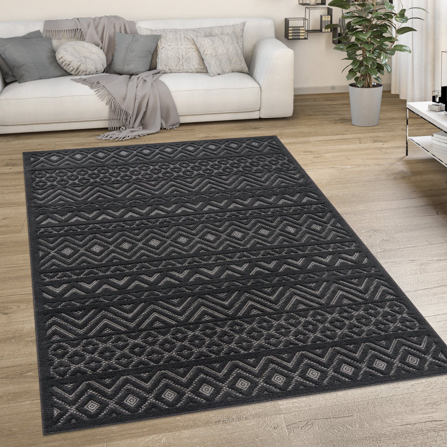 Indoor Outdoor Rug Livorno Boho High-Low Pattern In Anthracite-4