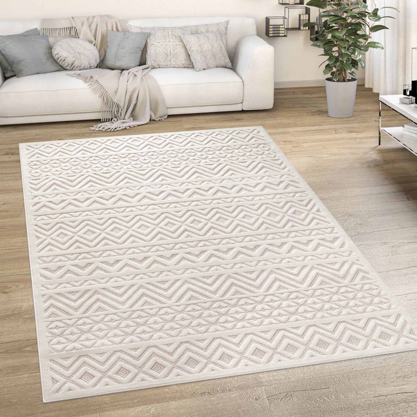 Indoor Outdoor Rug Livorno Boho High-Low Pattern In Cream-4