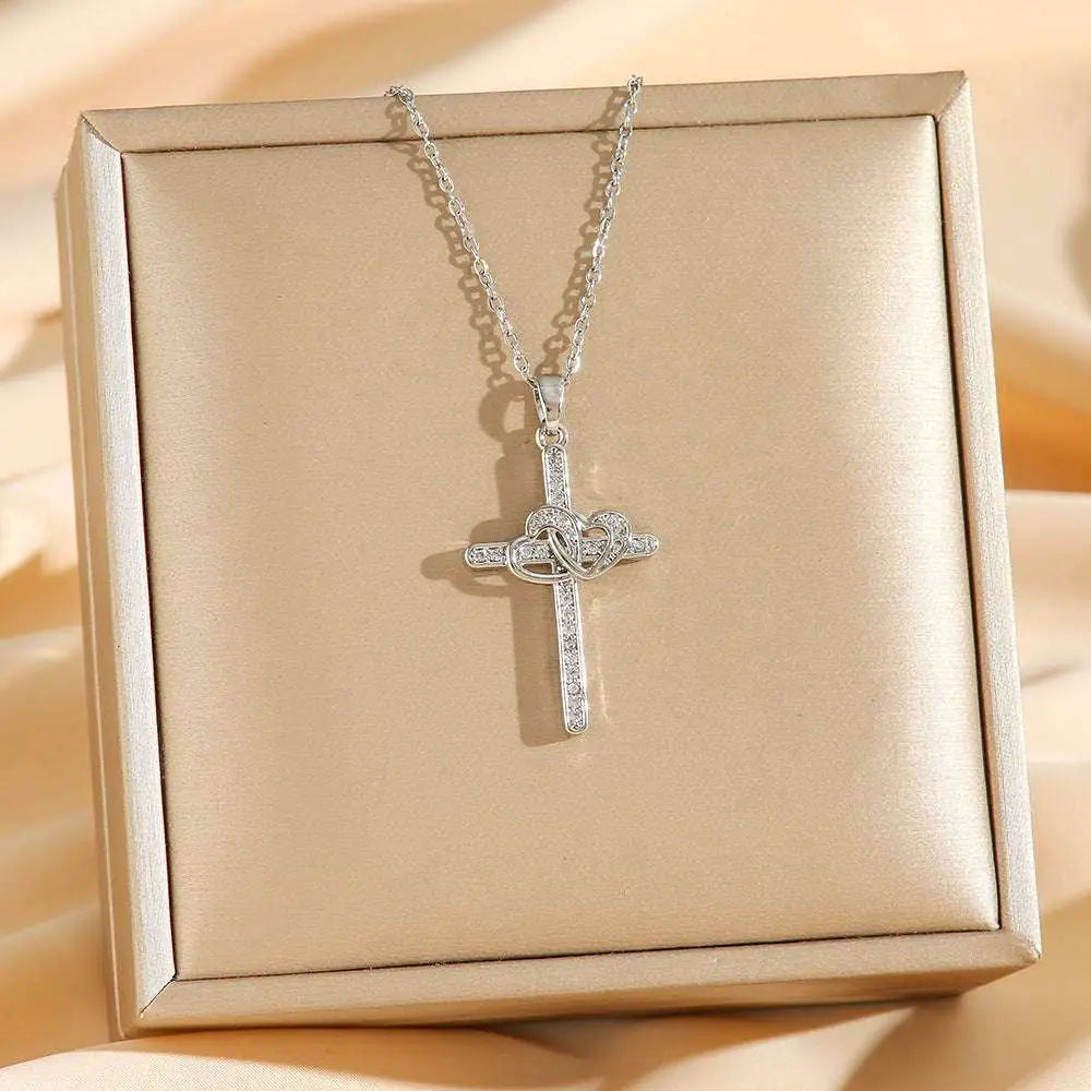 Titanium Steel Double Ring Zircon Pendant Necklace