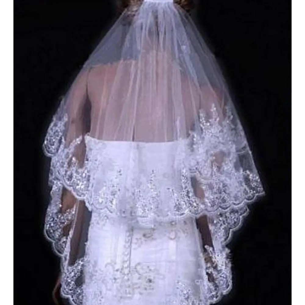 Two Layer Bridal Sequined Polyester Veil with Lace