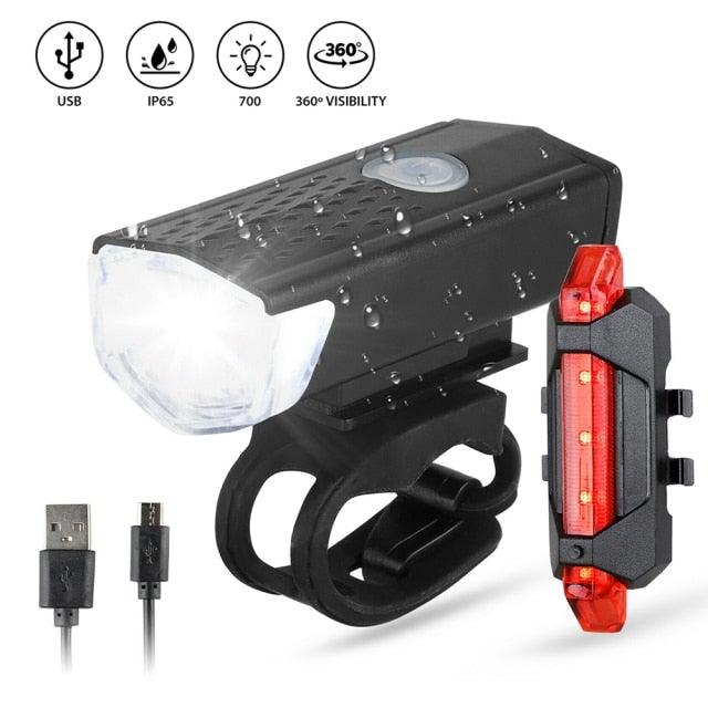 USB Rechargeable 3 Mode Bicycle Front Light Lamp Bike Headlight Cycling LED Powerful Bicycle Front Headlight Waterproof Bike Headlight End Tail Light Set 300 Lumen