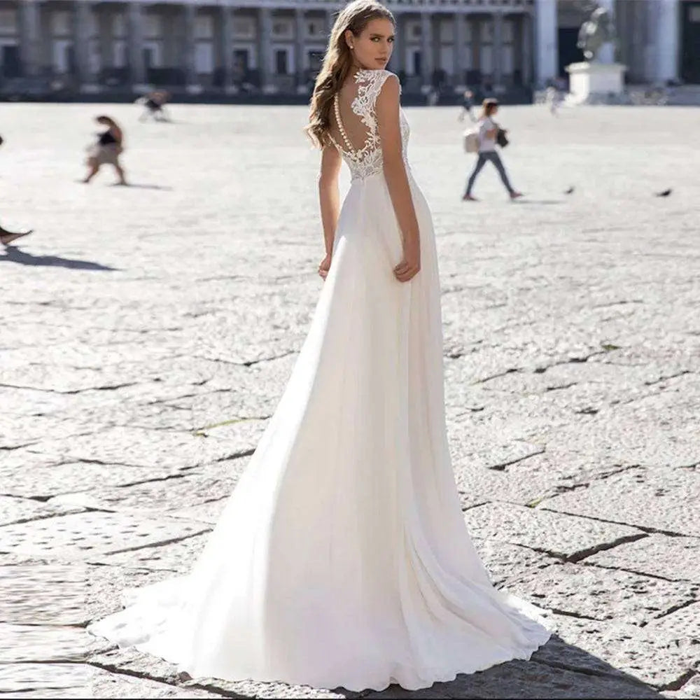 V-neck A Series Chiffon Wedding Dress with Lace Sleeves