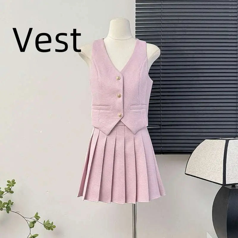 V-Neck Vest and High Waist Pleated Skirt Two-Piece Set