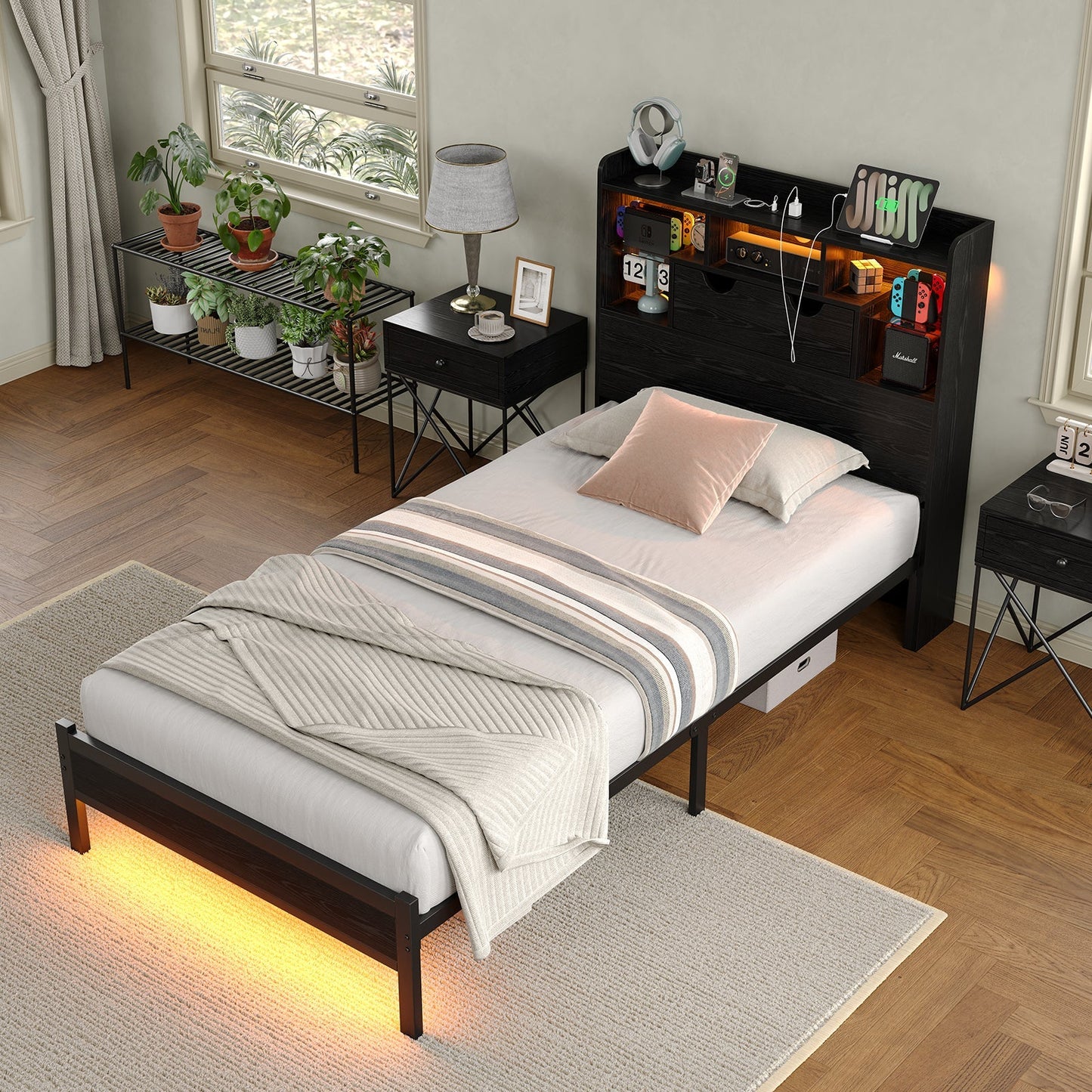 Twin LED Bed Frame with LED, USB Charging, No Box Spring Needed - Vektaya-4