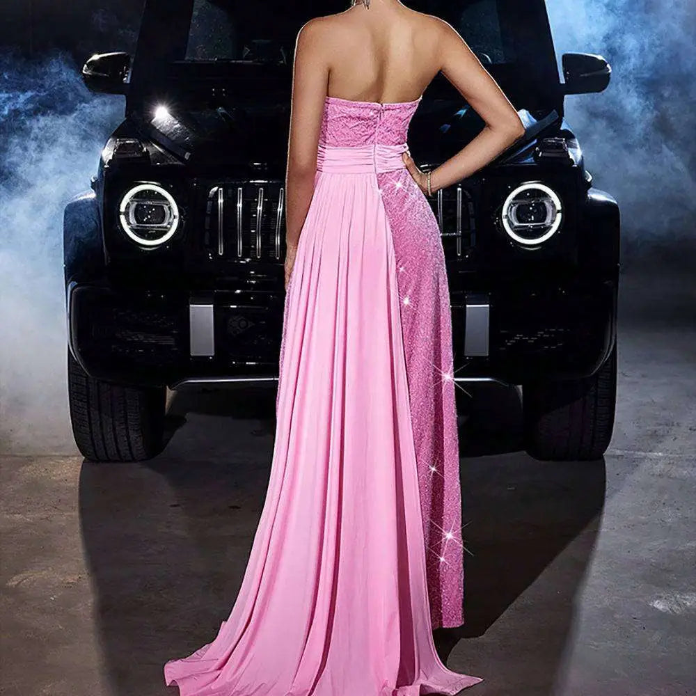 Velvet Sequined Cinched Waist Pink Evening Gown