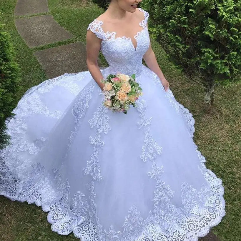 Vintage Lace White Wedding Dress with Floral Train