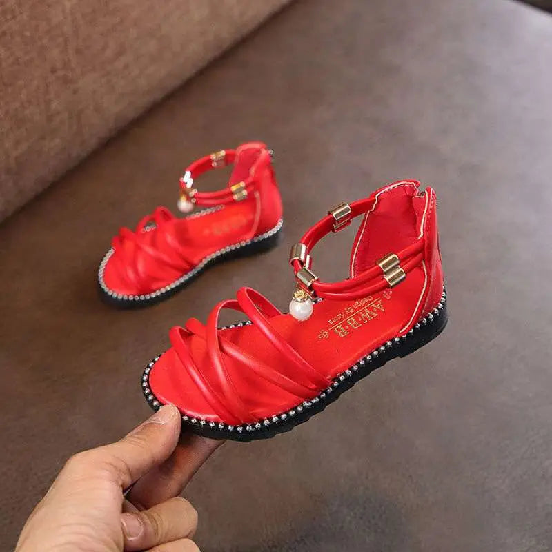 Western Style Pink Girls Sandals with Pearl Charm