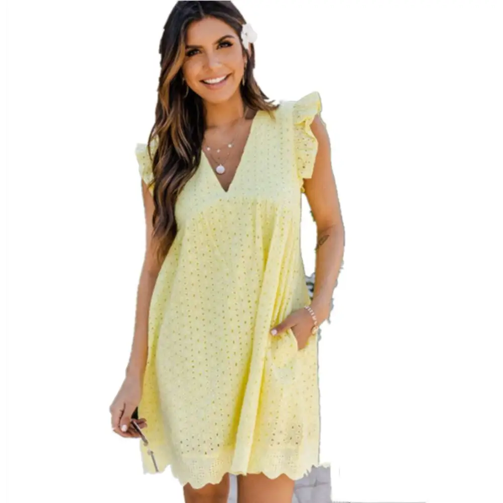 White Eyelet Pocket Summer Sleeveless V-Neck Dress