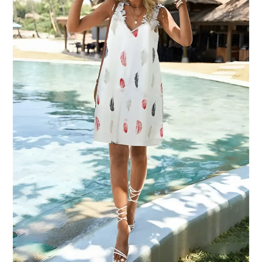 White Feather Printed Fashion Sleeveless Lace Dress