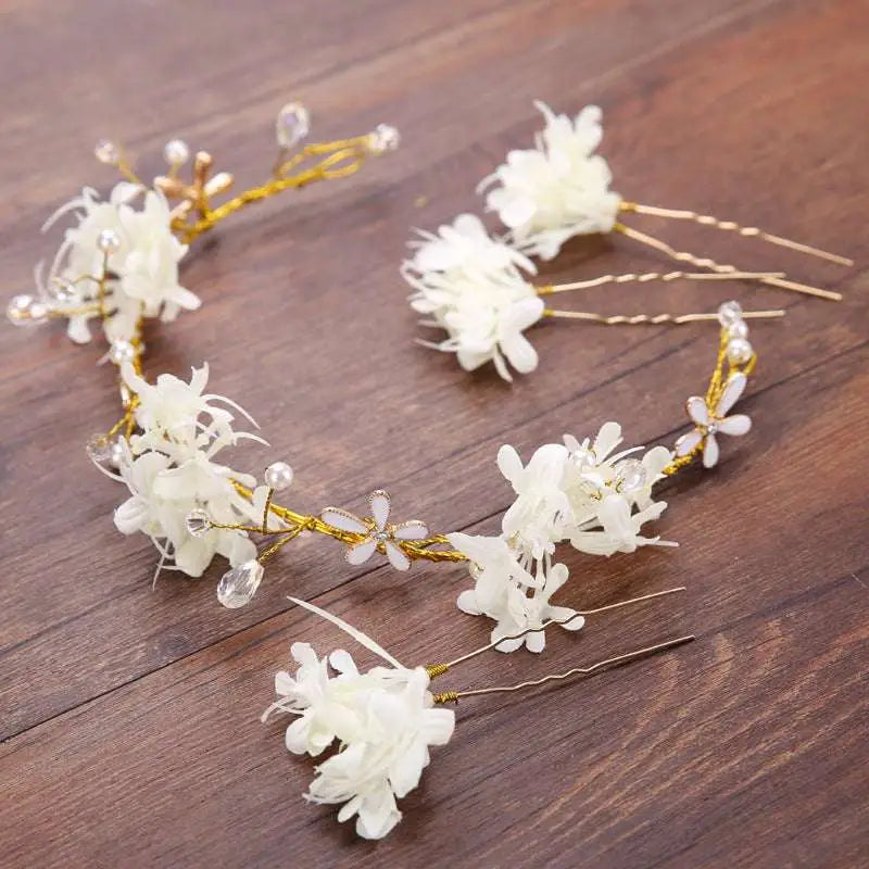 White Floral Crystal Handmade Wreath Headwear