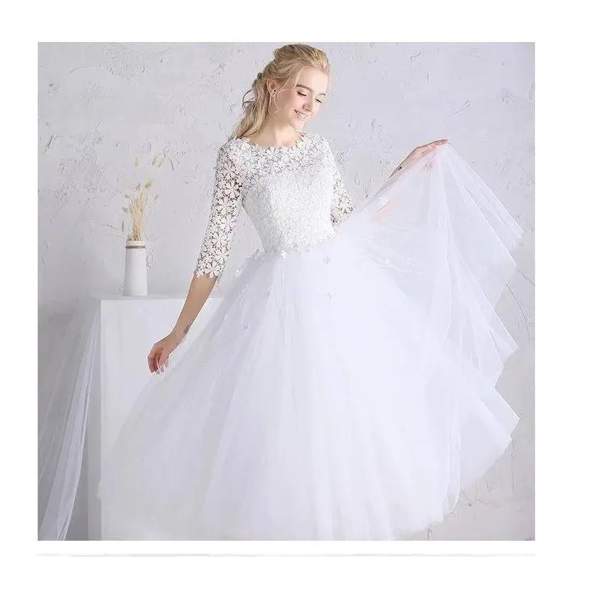 White Lace Floral Wedding Dress Party Ladies Small Sleeves