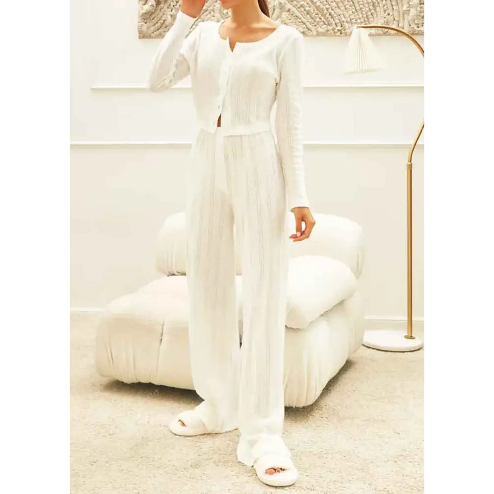 White Ribbed Knit Fashion Cardigan Long Sleeve