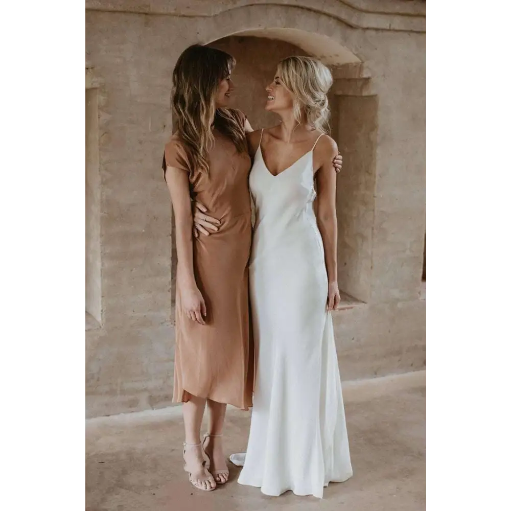 White Satin Evening Gown with Train Brigade Shot