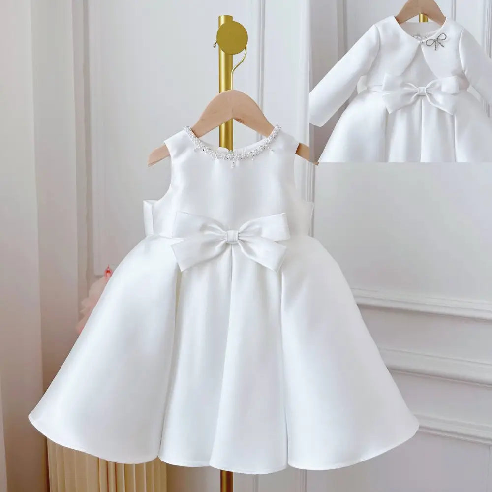 White Satin Long Sleeve Baby Dress White Classic Style