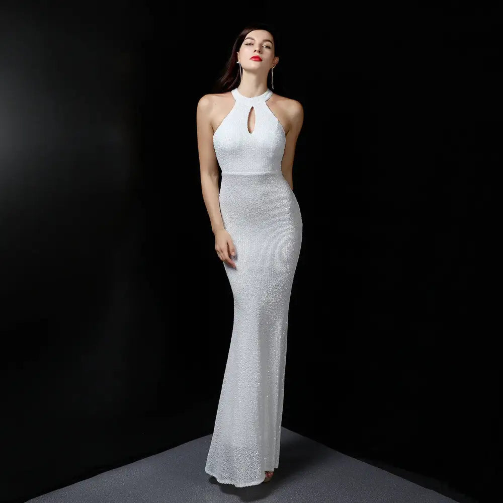 White Sequin Polyester Fiber Mermaid Evening Dress