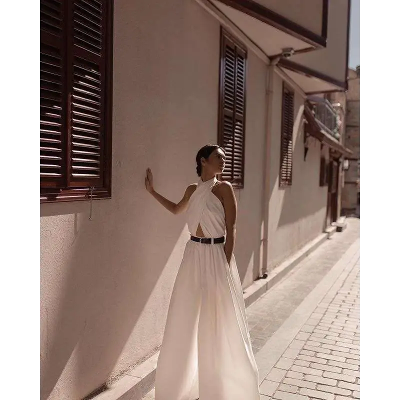 White Sexy Sleeveless Halter Backless Jumpsuit