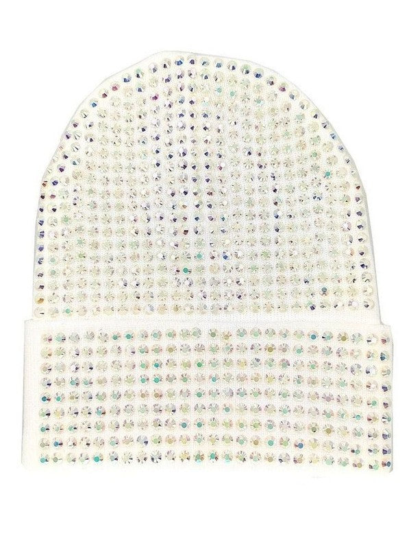 white sparkly Rhinestone Patch Bedazzled Beanies white colorful translucent Crystals beanie