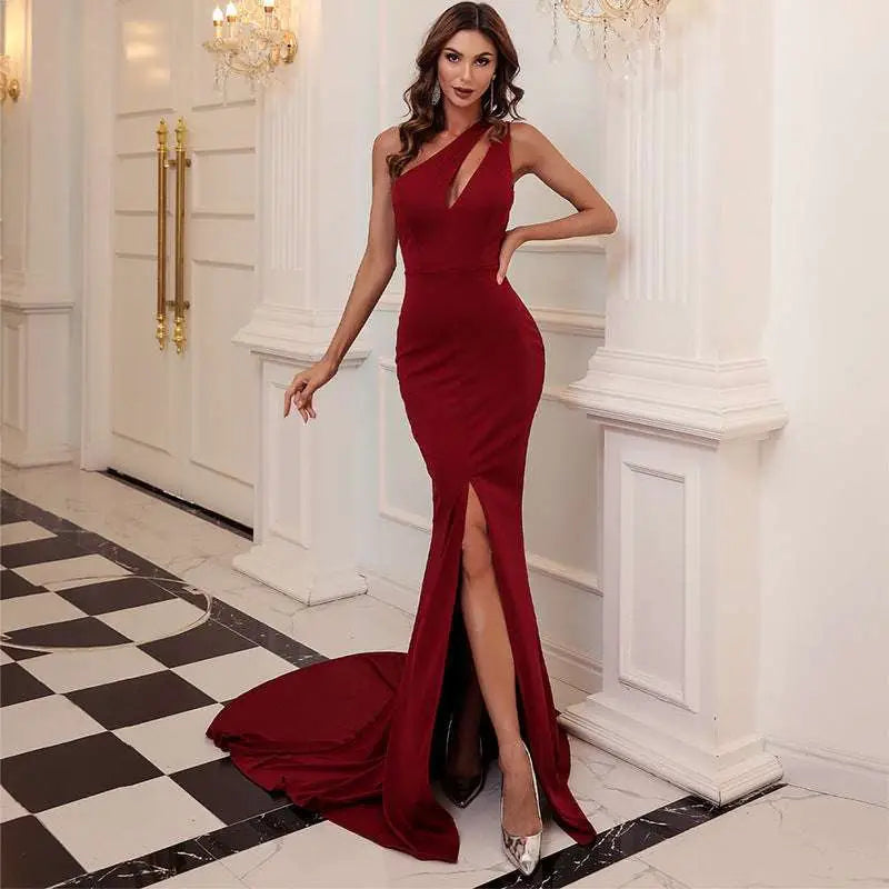Wine Red One Shoulder Mermaid Annual Meeting Dress