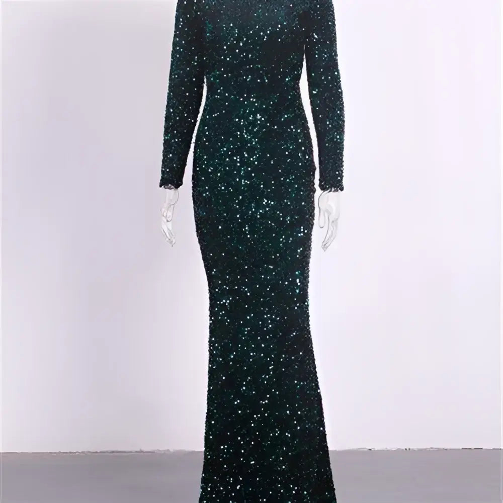 Women Modest Stretch Sequin Royal Blue Evening Gown