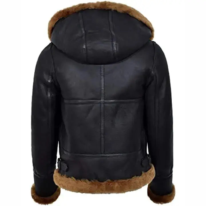 Womens Black Hooded Sheepskin Aviator Jacket-2
