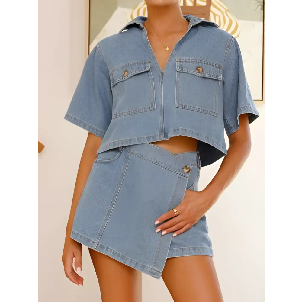 Women's Irregular Denim Short Pantskirt Suit