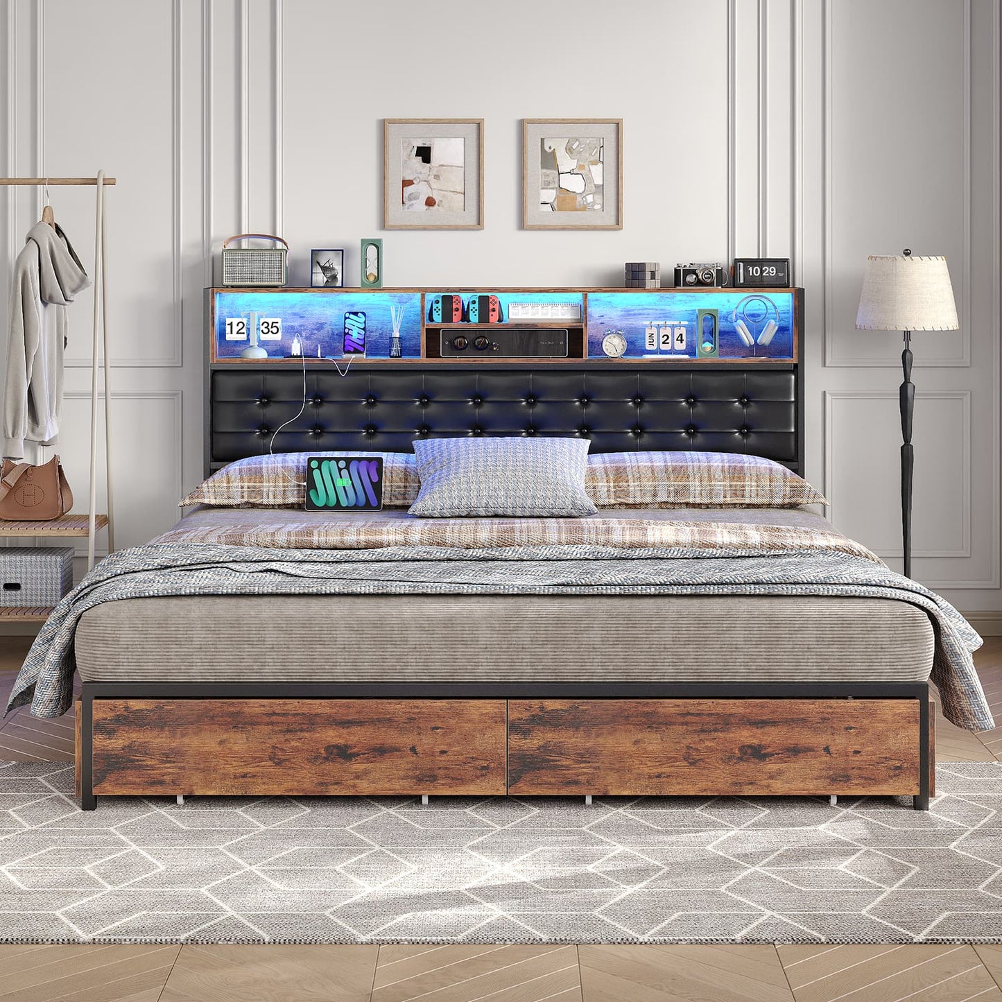 Full RGB LED Bed Frame with RGB LED, USB Charging, Storage Drawers, No Box Spring Needed - Vektaya-6