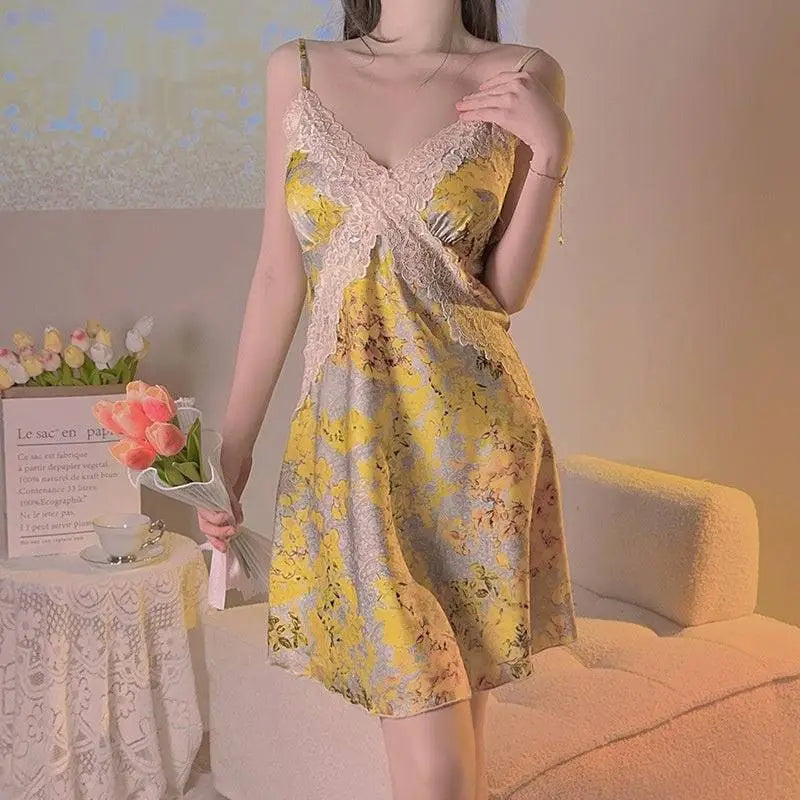 Yellow Floral Satin Cross Lace Nightdress