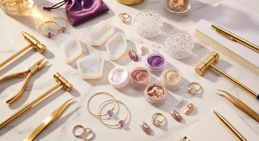 A luxurious flat lay of gold jewelry-making tools, resin molds, crystal beads, and nail art supplies arranged artfully on white marble with warm golden lighting.