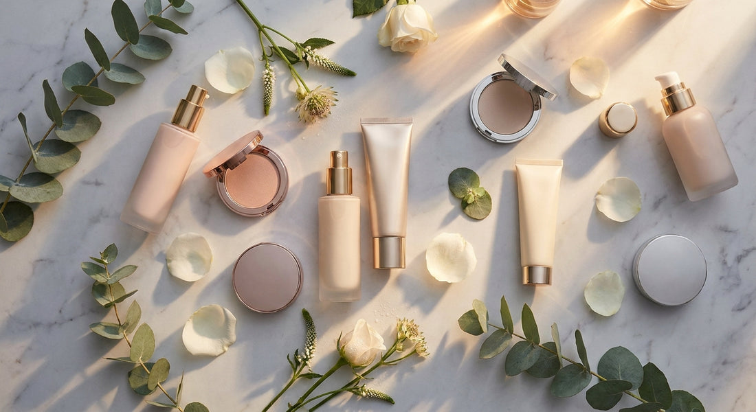 A curated flat lay of minimalist skincare-infused makeup products on marble, bathed in warm golden light with fresh botanicals.
